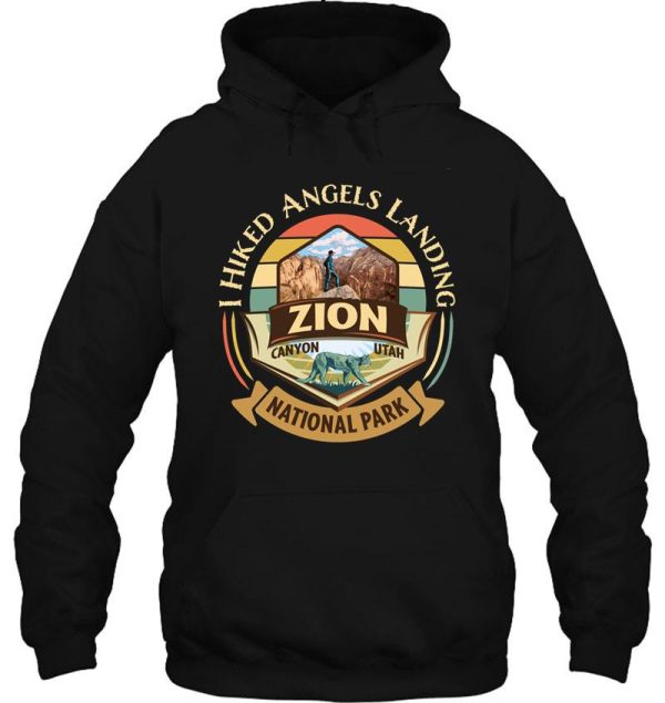 zion national park utah i hiked angels landings retro vintage style badge design with hiker and cougar hoodie
