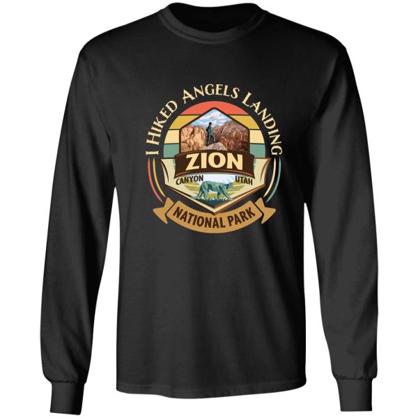 zion national park utah i hiked angels landings retro vintage style badge design with hiker and cougar long sleeve