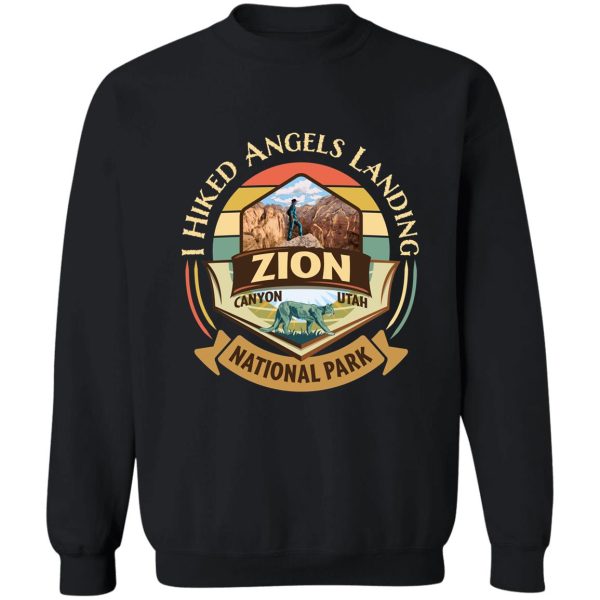 zion national park utah i hiked angels landings retro vintage style badge design with hiker and cougar sweatshirt